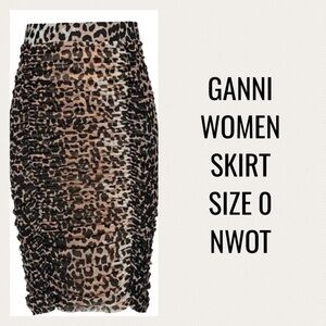 Ganni Shirred Mesh Leopard Bodycon Skirt Pull On Ruched Raw Hem Size US 0 Brown